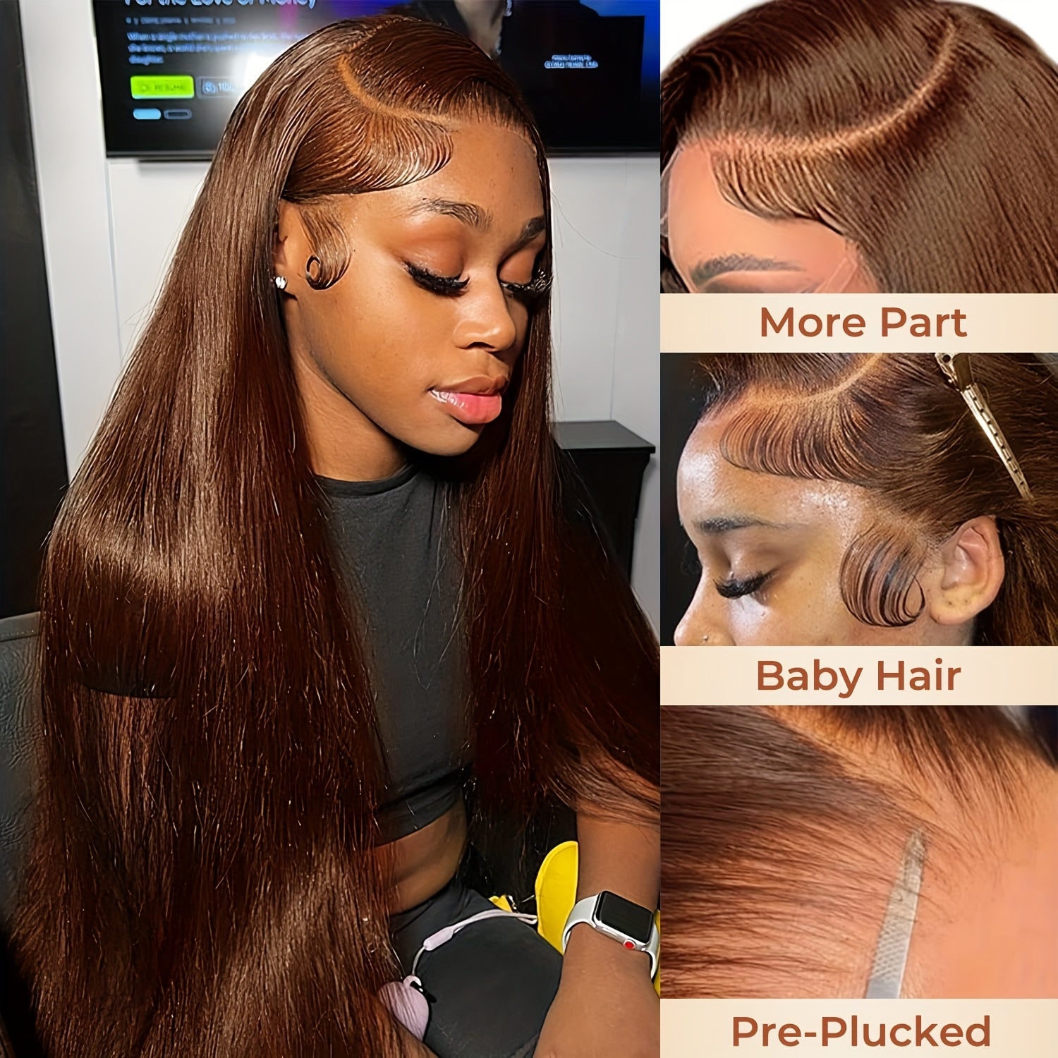 250% Density Brazilian Virgin Human Hair Wig - Chocolate Brown Straight 13x6 HD Transparent Lace Front Wig for Women, Pre-Plucked with Baby Hair, Natural Look for All Ethnicities, Fashion Accessory | Sleek Hairstyle | Silky S